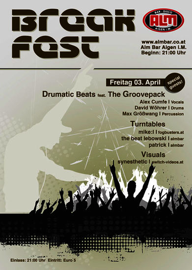 break:fest feat. drumatic beats & the groovepack @ almbar, aigen - front