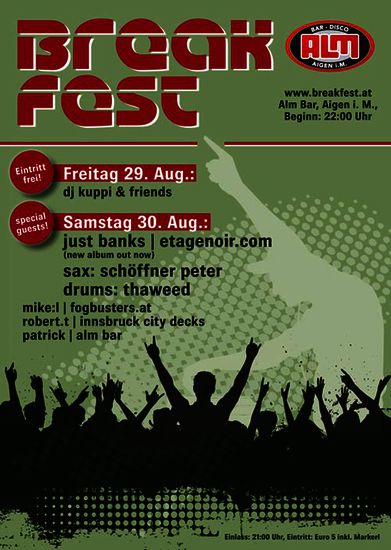 break:fest feat. just banks @ almbar, aigen - front